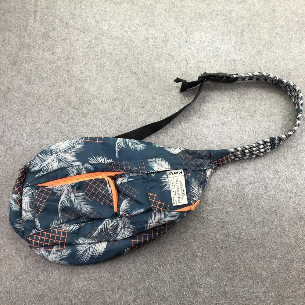 KAVU Blue Palm Leaf Print Sling Backpack Crossbody Bag 19in Adjustable Strap